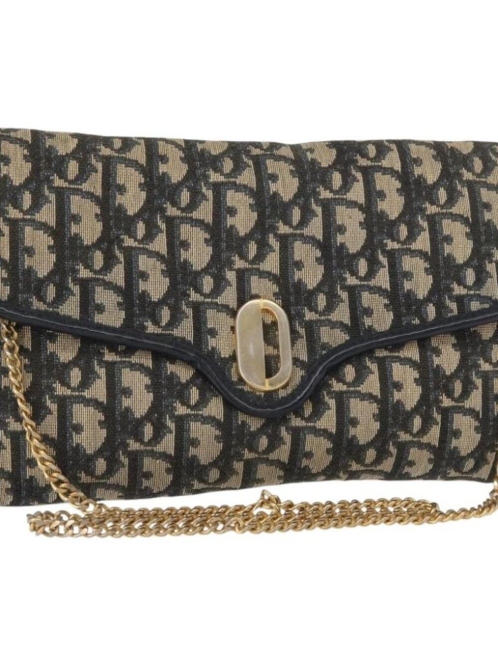 Christian Dior Trotter Canvas Chain Shoulder Bag Navy Gold Auth - Picture 1 of 16